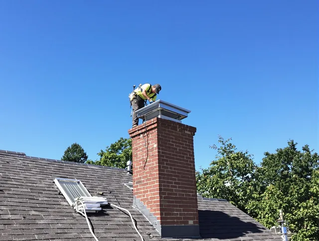 Southington Chimney Sweep technician measuring a chimney cap in Southington, CT